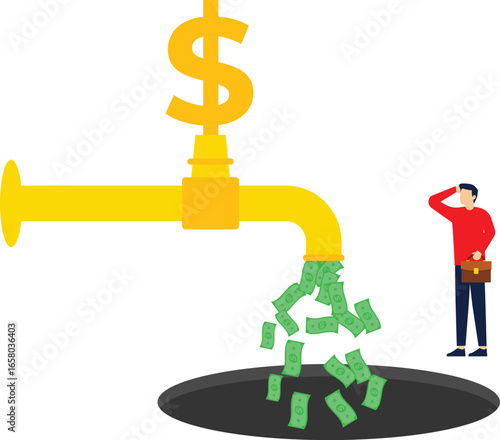financial problem, businesswoman is confused to see the missing business income coin faucet, losses in business are caused by poor financial management

