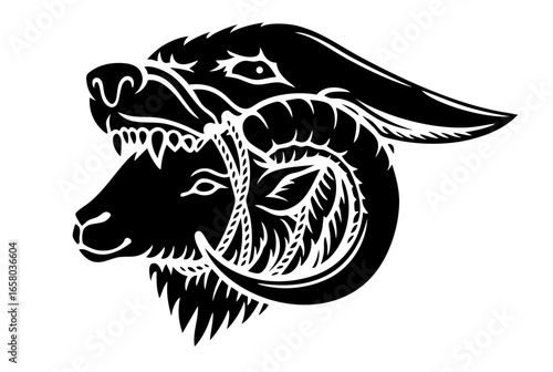 Wolf in sheep’s clothing, powerful predator disguised as gentle prey, symbolic artwork about deception, betrayal, duality of strength and weakness, hunter and victim conflict