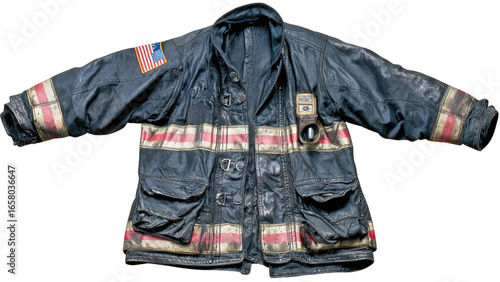 Vintage Firefighter Jacket with Distressed Appearance and American Flag Patch, Isolated on White Background