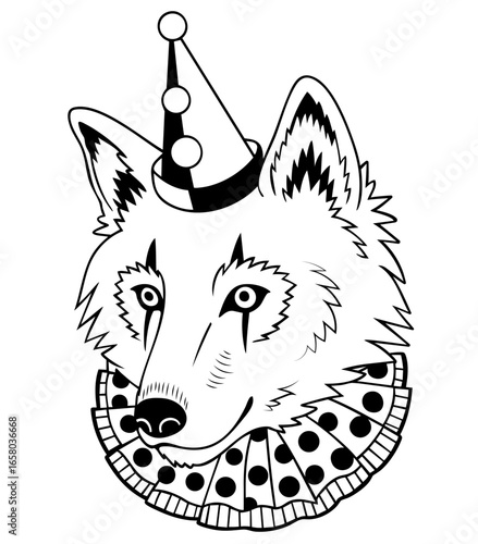 Vintage carnival wolf mask  with clown costume, retro circus style animal portrait wearing party hat and ruffled collar, mysterious theatrical masquerade character artwork