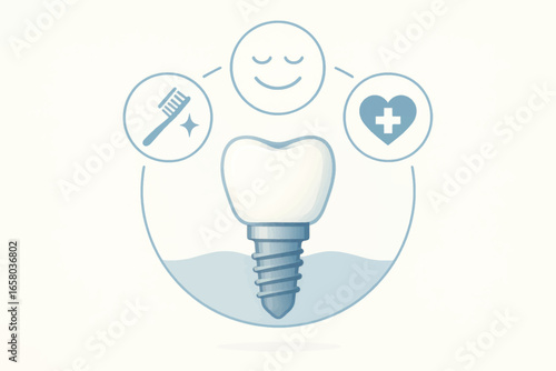 Vector concept of dental implant surrounded by health, hygiene and smile icons, suitable for dental care or oral health infographics.