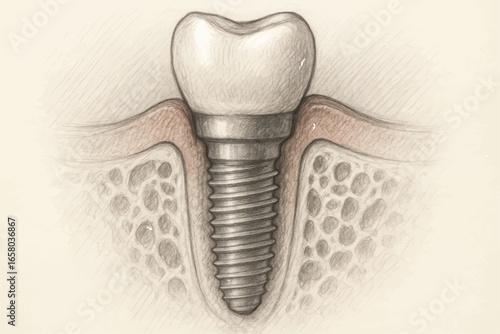 Vector-style hand-drawn dental implant illustration showing crown and screw in gum and jawbone, suitable for anatomical or educational diagrams.