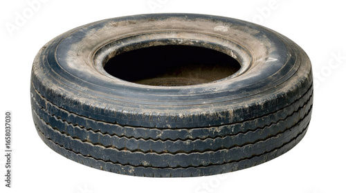 Old and Worn Black Rubber Tire with Mud and Dirt Stains on White Background Ideal for Automotive Concepts