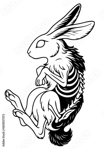 Fallen Hare with exposed ribs liminal undead rabbit spirit wandering misty forest under moonlight omen