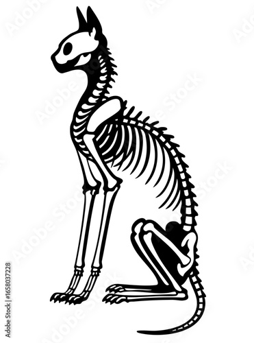 Skeletal cat fused with crouching humanoid bones, creepy hybrid creature of horror and darkness, sinister gothic monster of death, occult abomination from nightmares