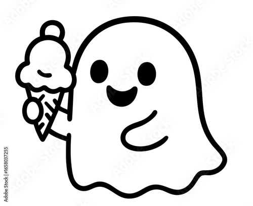 Cute little ghost happily eating ice cream cone, adorable smiling spirit holding sweet frozen dessert