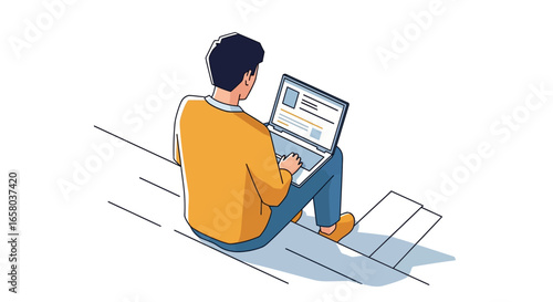 Man Working on Laptop Outdoors Remote Work, Freelance, Digital Nomad Lifestyle