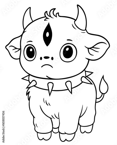 Cute demonic calf with horns and third eye, spooky baby monster with spiked collar