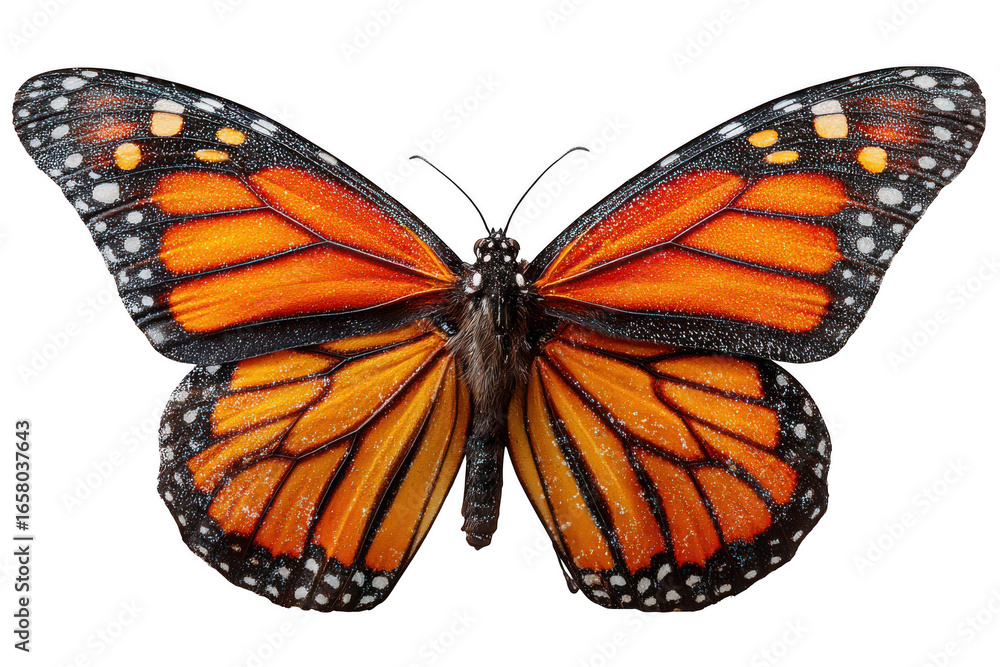 Fototapeta premium Detailed macro view of a monarch butterfly with orange and black wings isolated on transparent background