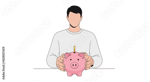 Vector illustration of a man putting a coin into a piggy bank. Concept of saving money, personal finance, investment, and financial planning for the future.