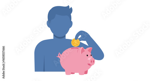 Financial planning concept with a person putting a gold coin into a pink piggy bank, symbolizing savings and wealth accumulation for the future.
