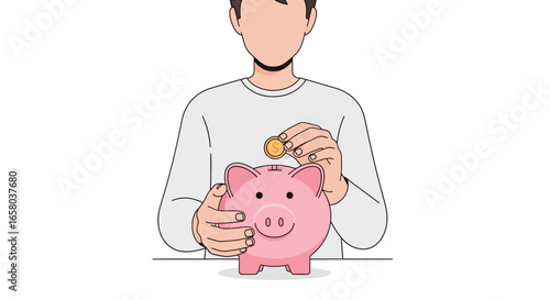Person depositing coin into a piggy bank, symbolizing financial savings, investment, and future security, with a focus on personal finance management and budget planning.