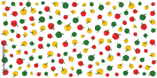 Bright capsicums in red, yellow, and green create a playful and colorful seamless pattern.