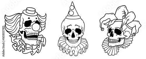 Carnival of dead clowns skulls with circus hats wigs and ruffled collars creepy horror