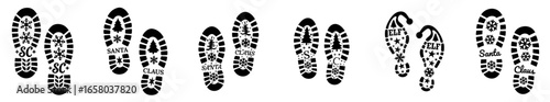 Set of Christmas boot prints footprints including Santa with snowflake, Claus with snowflake, reindeer with ornaments, Elf with snowflake, Christmas tree, candy cane, jingle bell, Merry with snowflake
