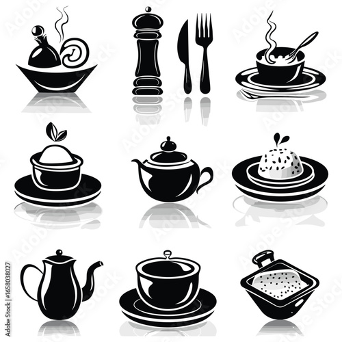 Minimalist Restaurant Table Icons in Black and White Vector Style