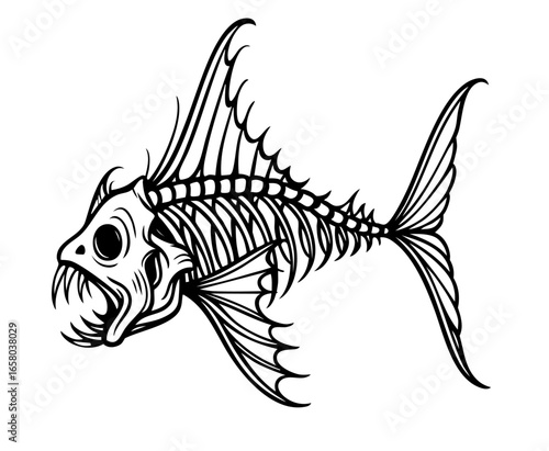 Kosteglot skeletal predator fish with poisonous fangs and bone fins, terrifying deep sea monster of death, nautical legend of shipwreck and sailor’s doom