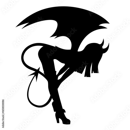 Succubus silhouette with horns, bat wings and tail, seductive female demon temptress, lust and darkness