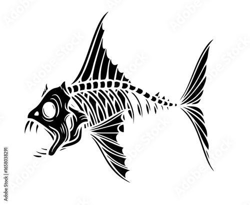 Skeletal fish with sharp fins and gaping jaws, terrifying ghost from the abyss, haunted sea monster of bones, creepy deep ocean predator rising