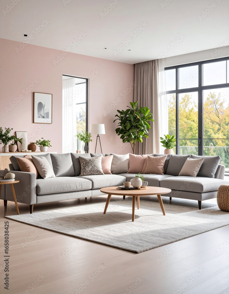Fototapeta premium Cozy living room design showcase modern apartment interior photography bright environment spacious viewpoint home aesthetics
