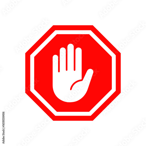 stop work icon over red polygon stop hand sign 