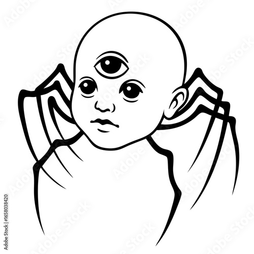 Three eyed mutant baby with spider like arms, grotesque demonic infant from nightmares, eerie hybrid of innocence and horror