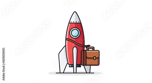 Business startup concept with a cartoon rocket ship holding a briefcase. Illustration for a new venture, project launch, and rapid career growth.