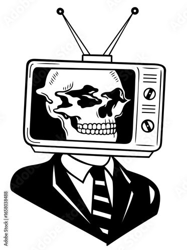 Man with television head and skull inside screen, metaphor of brainwashing, mass media control and consumer society, dystopian pop art symbol of dead consciousness