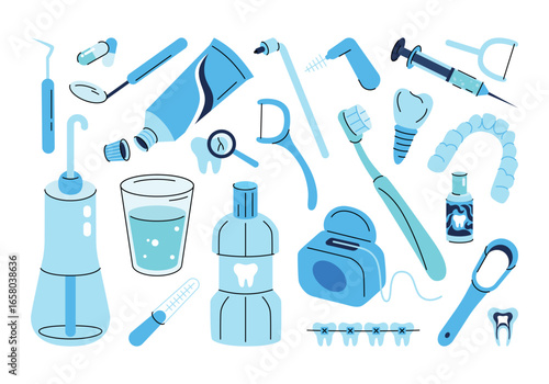 Oral irrigator, toothbrush, mouthwash, interdental brush, retainer, dental floss, other dental accessories. Dental care concept, dentistry, health, hygiene. Vector illustration in cartoon flat style.