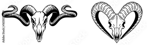 Ram skulls with twisted horns, demonic skeletal heads from the abyss, one shaped into a heart of bones, symbols of death, sacrifice and cursed love, haunting occult imagery for dark gothic art and tat