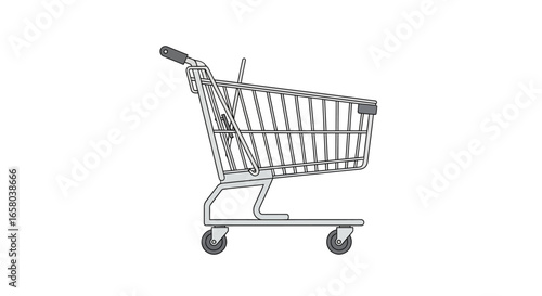 High-quality digital illustration of a typical empty metal shopping cart, ideal for concepts related to retail, consumerism, and everyday grocery purchases.