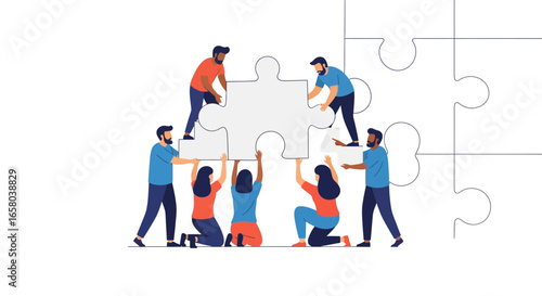 Diverse team members collaborate effectively to piece together a large puzzle, symbolizing successful teamwork, problem-solving, and unity in achieving a common goal or shared vision.