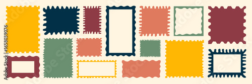 Colorful retro postage stamp shapes with decorative borders in various styles and sizes. Vintage mail and correspondence concept