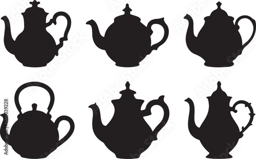 Set of tea kettle and teapot vector illustration silhouettes on white background. Tea kettle and coffee cups icon set