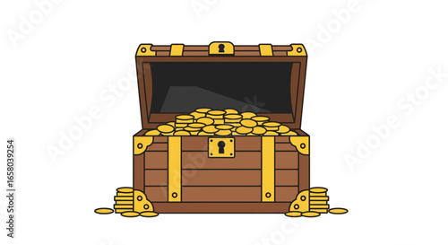 Treasure Chest Overflowing with Golden Coins A Wealthy Fortune Illustration