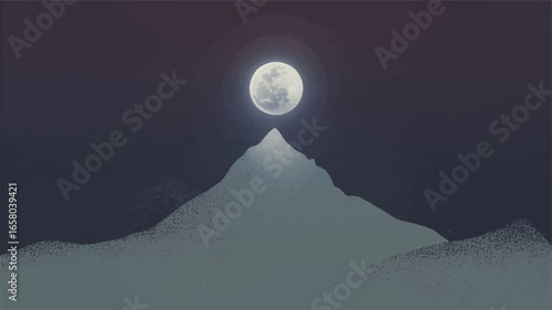 Minimalist graphic design of a full moon over a mountain with mist