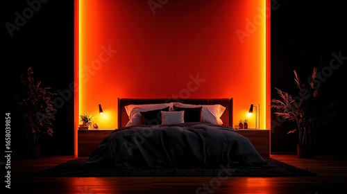   Dimly lit room with two lamps on each side of the bed and a plant opposite it