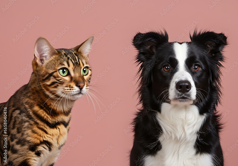 Obraz premium Bengal cat and border collie dog posed together against a pink background