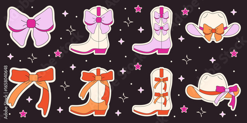 Set of Cowgirl Stickers. Vector Design Elements. Collection of Boots and Hats.