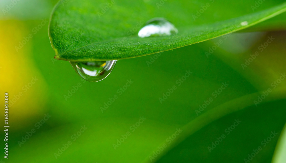 Fototapeta premium Green leaf with water droplet close-up nature background