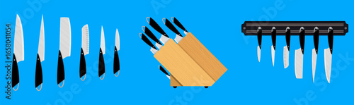 Set of kitchen knives for professional chef and home cooking. Flat design vector illustration for culinary website.
