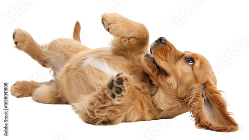 High-resolution studio photograph of a cute golden cocker spaniel puppy lying on its back, playful and happy expression with wide eyes and open mouth