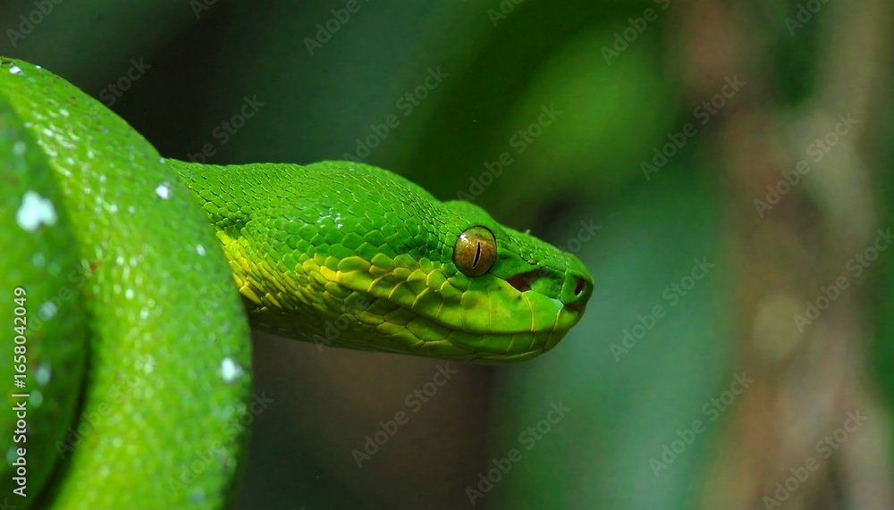 Obraz premium Vibrant Green Tree Python Coiled Amidst Lush Tropical Foliage.