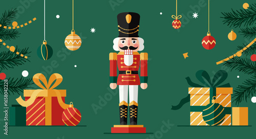 Festive nutcracker illustration with Christmas ornaments and gift boxes design