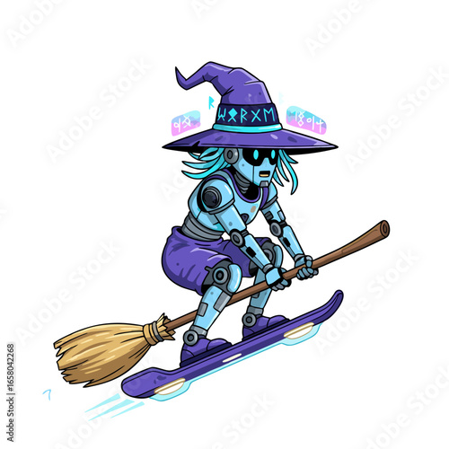 Robotic cyber witch flying on neon hoverboard with magic aura