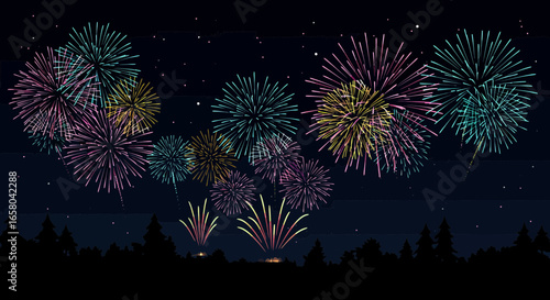 Night scene illustration with fireworks exploding over silhouetted trees