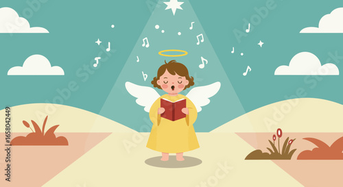 Angel singing Christmas carols under a shining star vector illustration