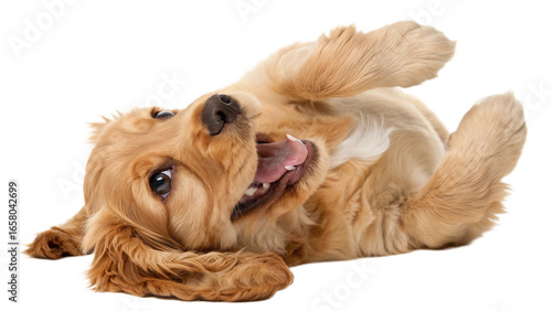 Wallpaper Mural High-resolution studio photograph of a cute golden cocker spaniel puppy lying on its back, playful and happy expression with wide eyes and open mouth Torontodigital.ca