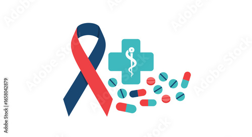 Medical Awareness A Symbol of Hope and Healing Featuring a Ribbon, Cross, and Pills