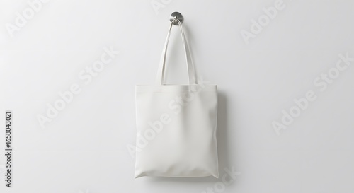 Front view of a blank white canvas tote bag hanging on a hook against a minimalist white wall, showcasing a clean and simple aesthetic.